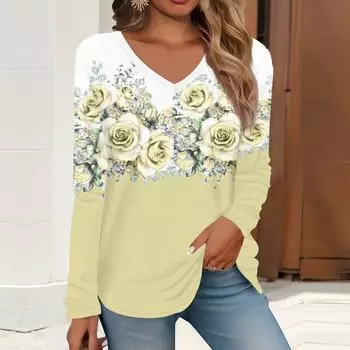 2023 весна и осень новая мода с длинным рукавом повседневная футболка с v-образным вырезом и принтом