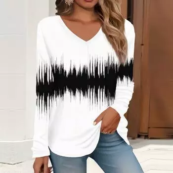 2023 весна и осень новая мода с длинным рукавом повседневная футболка с v-образным вырезом и принтом
