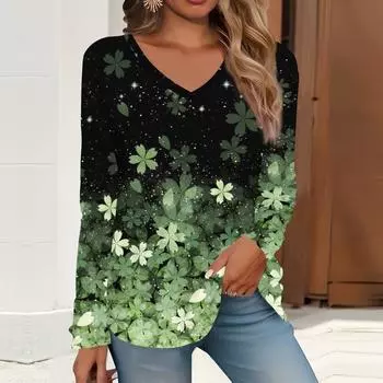 2023 весна и осень новая мода с длинным рукавом повседневная футболка с v-образным вырезом и принтом