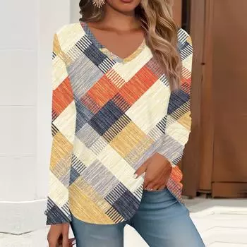 2023 весна и осень новая мода с длинным рукавом повседневная футболка с v-образным вырезом и принтом