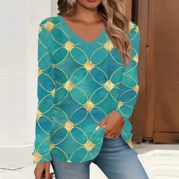 2023 весна и осень новая мода с длинным рукавом повседневная футболка с v-образным вырезом и принтом