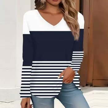 2023 весна и осень новая мода с длинным рукавом повседневная футболка с v-образным вырезом и принтом