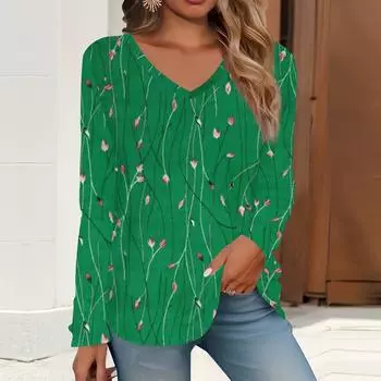 2023 весна и осень новая мода с длинным рукавом повседневная футболка с v-образным вырезом и принтом