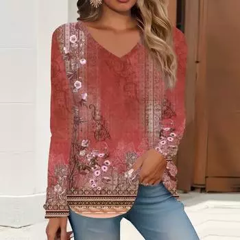 2023 весна и осень новая мода с длинным рукавом повседневная футболка с v-образным вырезом и принтом