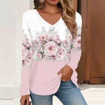 2023 весна и осень новая мода с длинным рукавом повседневная футболка с v-образным вырезом и принтом