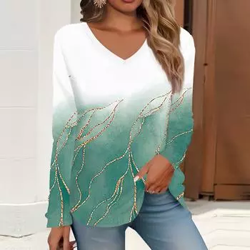 2023 весна и осень новая мода с длинным рукавом повседневная футболка с v-образным вырезом и принтом