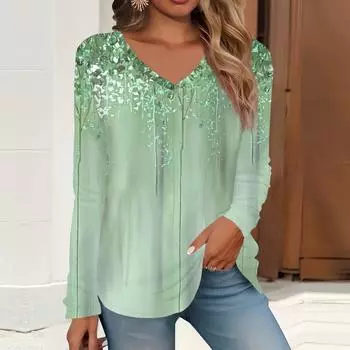 2023 весна и осень новая мода с длинным рукавом повседневная футболка с v-образным вырезом и принтом