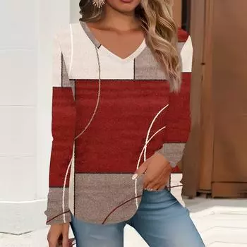 2023 весна и осень новая мода с длинным рукавом повседневная футболка с v-образным вырезом и принтом