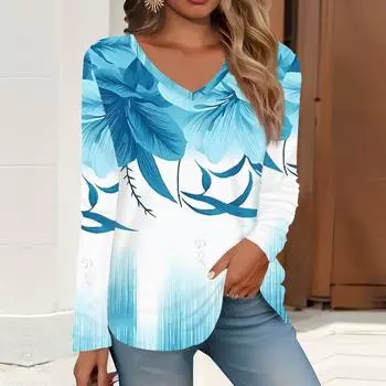 2023 весна и осень новая мода с длинным рукавом повседневная футболка с v-образным вырезом и принтом
