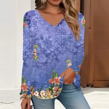 2023 весна и осень новая мода с длинным рукавом повседневная футболка с v-образным вырезом и принтом