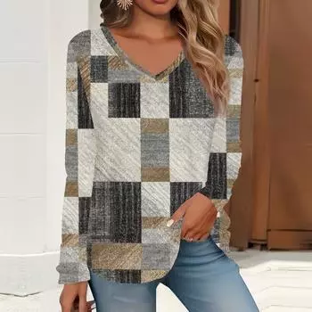 2023 весна и осень новая мода с длинным рукавом повседневная футболка с v-образным вырезом и принтом