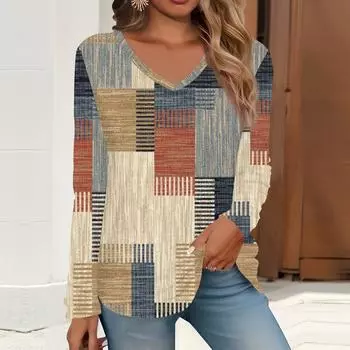 2023 весна и осень новая мода с длинным рукавом повседневная футболка с v-образным вырезом и принтом
