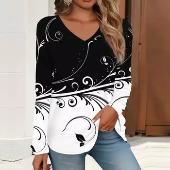 2023 весна и осень новая мода с длинным рукавом повседневная футболка с v-образным вырезом и принтом