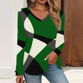 2023 весна и осень новая мода с длинным рукавом повседневная футболка с v-образным вырезом и принтом