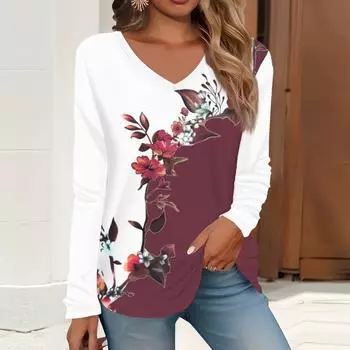 2023 весна и осень новая мода с длинным рукавом повседневная футболка с v-образным вырезом и принтом