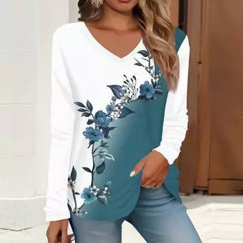 2023 весна и осень новая мода с длинным рукавом повседневная футболка с v-образным вырезом и принтом
