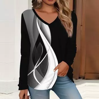 2023 весна и осень новая мода с длинным рукавом повседневная футболка с v-образным вырезом и принтом