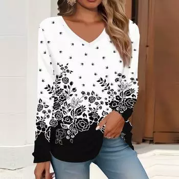 2023 весна и осень новая мода с длинным рукавом повседневная футболка с v-образным вырезом и принтом