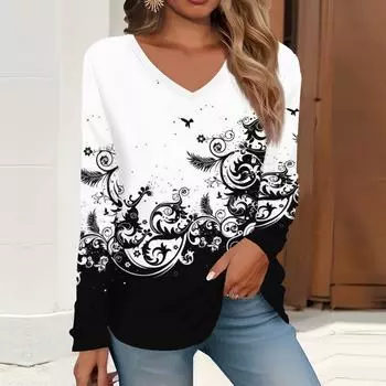 2023 весна и осень новая мода с длинным рукавом повседневная футболка с v-образным вырезом и принтом