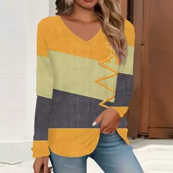2023 весна и осень новая мода с длинным рукавом повседневная футболка с v-образным вырезом и принтом