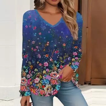 2023 весна и осень новая мода с длинным рукавом повседневная футболка с v-образным вырезом и принтом
