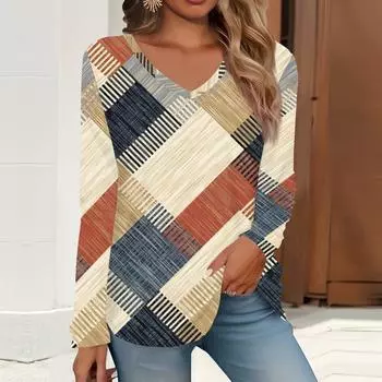 2023 весна и осень новая мода с длинным рукавом повседневная футболка с v-образным вырезом и принтом