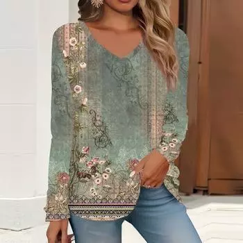 2023 весна и осень новая мода с длинным рукавом повседневная футболка с v-образным вырезом и принтом