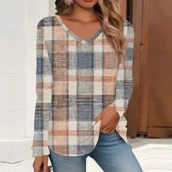 2023 весна и осень новая мода с длинным рукавом повседневная футболка с v-образным вырезом и принтом