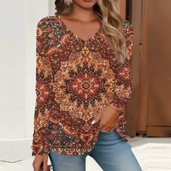 2023 весна и осень новая мода с длинным рукавом повседневная футболка с v-образным вырезом и принтом