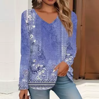 2023 весна и осень новая мода с длинным рукавом повседневная футболка с v-образным вырезом и принтом