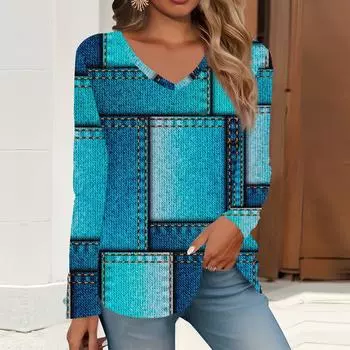 2023 весна и осень новая мода с длинным рукавом повседневная футболка с v-образным вырезом и принтом