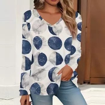 2023 весна и осень новая мода с длинным рукавом повседневная футболка с v-образным вырезом и принтом