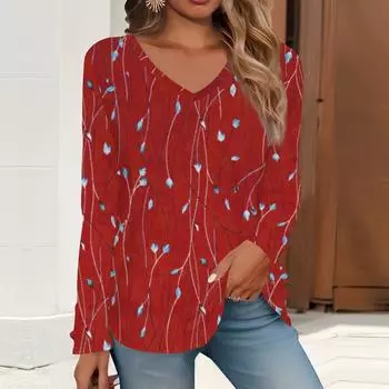 2023 весна и осень новая мода с длинным рукавом повседневная футболка с v-образным вырезом и принтом