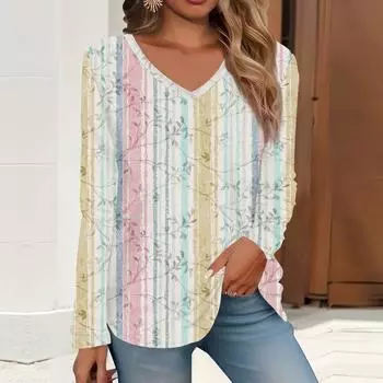 2023 весна и осень новая мода с длинным рукавом повседневная футболка с v-образным вырезом и принтом