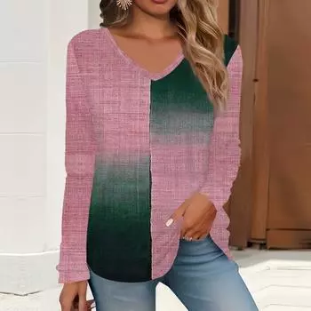 2023 весна и осень новая мода с длинным рукавом повседневная футболка с v-образным вырезом и принтом