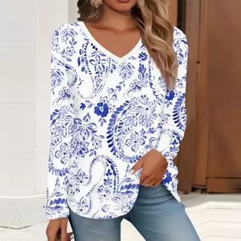 2023 весна и осень новая мода с длинным рукавом повседневная футболка с v-образным вырезом и принтом