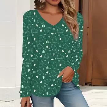 2023 весна и осень новая мода с длинным рукавом повседневная футболка с v-образным вырезом и принтом
