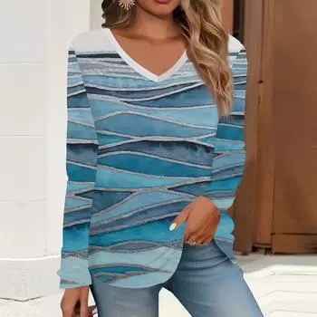 2023 весна и осень новая мода с длинным рукавом повседневная футболка с v-образным вырезом и принтом