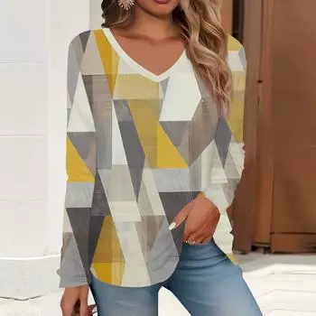 2023 весна и осень новая мода с длинным рукавом повседневная футболка с v-образным вырезом и принтом