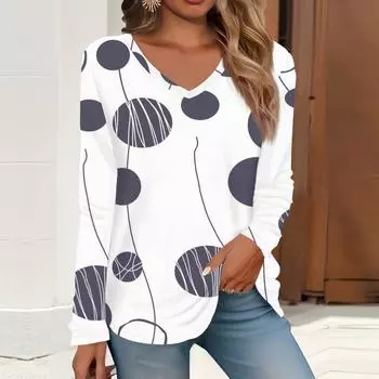 2023 весна и осень новая мода с длинным рукавом повседневная футболка с v-образным вырезом и принтом