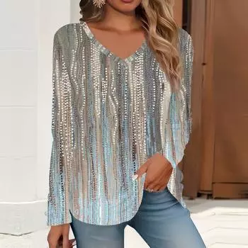 2023 весна и осень новая мода с длинным рукавом повседневная футболка с v-образным вырезом и принтом