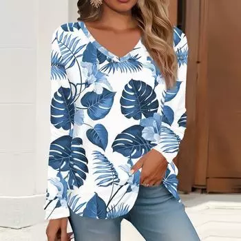 2023 весна и осень новая мода с длинным рукавом повседневная футболка с v-образным вырезом и принтом
