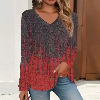 2023 весна и осень новая мода с длинным рукавом повседневная футболка с v-образным вырезом и принтом