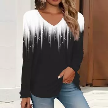 2023 весна и осень новая мода с длинным рукавом повседневная футболка с v-образным вырезом и принтом
