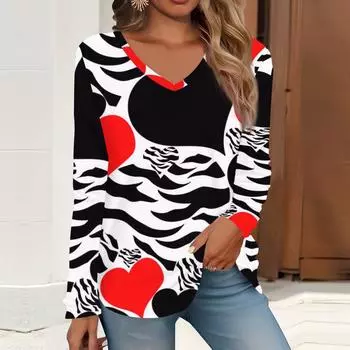 2023 весна и осень новая мода с длинным рукавом повседневная футболка с v-образным вырезом и принтом
