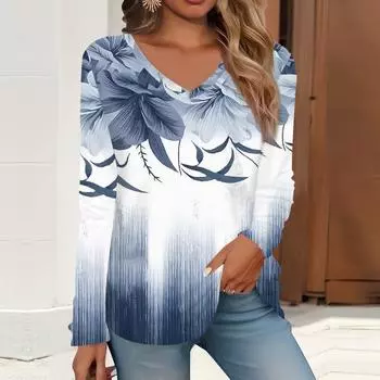 2023 весна и осень новая мода с длинным рукавом повседневная футболка с v-образным вырезом и принтом