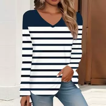 2023 весна и осень новая мода с длинным рукавом повседневная футболка с v-образным вырезом и принтом