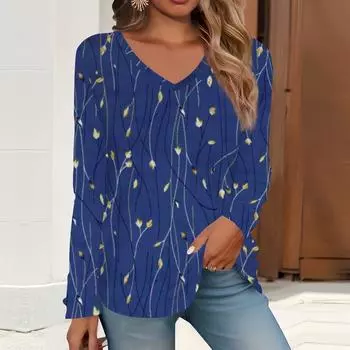 2023 весна и осень новая мода с длинным рукавом повседневная футболка с v-образным вырезом и принтом