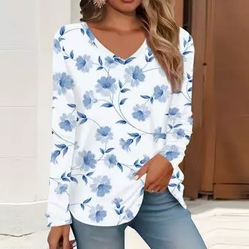 2023 весна и осень новая мода с длинным рукавом повседневная футболка с v-образным вырезом и принтом