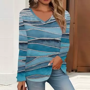2023 весна и осень новая мода с длинным рукавом повседневная футболка с v-образным вырезом и принтом